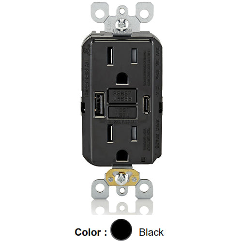 Leviton GUAC1-E, SmartlockPro Self-Test GFCI Combination 24W (4.8A) Type A/C USB In-Wall Charger, Tamper-Resistant Receptacle, 20 Amp Feed-Through, 15A 125V, NEMA 5-15R, Wire Leads, Self-Grounding, Black
