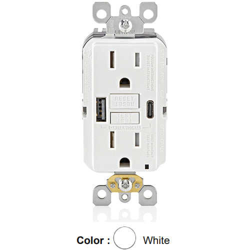 Leviton GUAC1-W, SmartlockPro Self-Test GFCI Combination 24W (4.8A) Type A/C USB In-Wall Charger, Tamper-Resistant Receptacle, 20 Amp Feed-Through, 15A 125V, NEMA 5-15R, Wire Leads, Self-Grounding, White