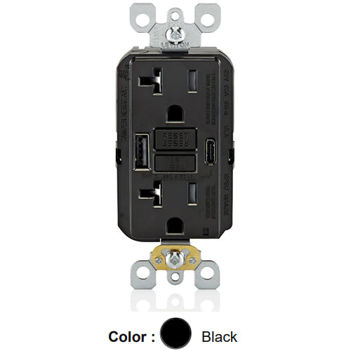 Leviton GUAC2-E, SmartlockPro Self-Test GFCI Combination 24W (4.8A) Type A/C USB In-Wall Charger, Tamper-Resistant Receptacle, 20 Amp Feed-Through, 20A 125V, NEMA 5-20R, Wire Leads, Self-Grounding, Black