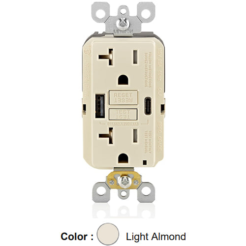 Leviton GUAC2-T, SmartlockPro Self-Test GFCI Combination 24W (4.8A) Type A/C USB In-Wall Charger, Tamper-Resistant Receptacle, 20 Amp Feed-Through, 20A 125V, NEMA 5-20R, Wire Leads, Self-Grounding, Light Almond