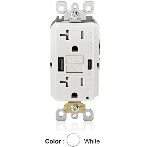 Leviton GUAC2-W, SmartlockPro Self-Test GFCI Combination 24W (4.8A) Type A/C USB In-Wall Charger, Tamper-Resistant Receptacle, 20 Amp Feed-Through, 20A 125V, NEMA 5-20R, Wire Leads, Self-Grounding, White