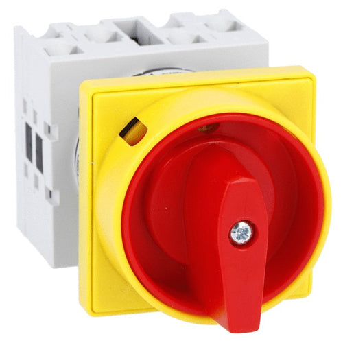 Lovato GX2092U25, Rotary Cam Switch GX Series, ON-OFF Switch 4 Poles 20A, For Front Mounting with Red/Yellow Handle Padlockable In 0 and Protection Covers, Front Plate 48X48mm