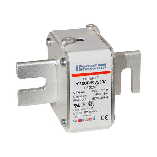 Mersen H300249, Square Body High-Speed Fuse, Fast Acting, Size 33 aR, 690/700VAC, 550A, With Striker DIN 80 Blades