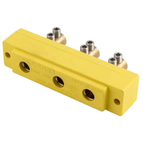 Hubbell HBL106SPFR, Stage Pin Devices, Female Panel Mount, 100A 250V, Double Set Screw Termination, Yellow