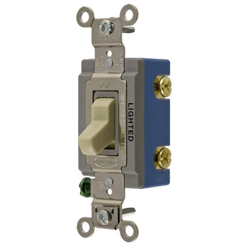 Hubbell HBL1201IL, Extra Heavy Duty Industrial Grade, Illuminated Toggle Switch, Single Pole, 15A 120/277V AC, Back and Side Wired,  Ivory