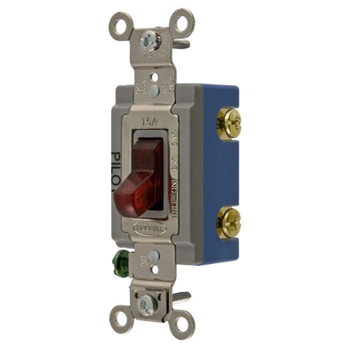 Hubbell HBL1201PL, Industrial Grade, Pilot Light Toggle Switch, Single Pole, 15A 120/277V AC, Back and Side Wired, Red