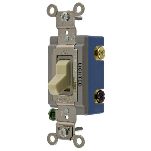 Hubbell HBL1203IL, Extra Heavy Duty Industrial Grade, Illuminated Toggle Switch, Three Way, 15A 120/277V AC, Back and Side Wired, Ivory