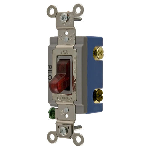 Hubbell HBL1203PL, Industrial Grade, Pilot Light Toggle Switch, Three Way, 15A 120/277V AC, Back and Side Wired, Red