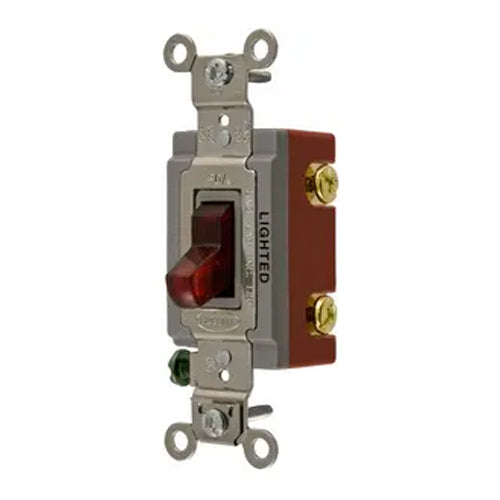 Hubbell HBL1221ILR, Extra Heavy Duty Industrial Grade, Illuminated Toggle Switch, Single Pole, 20A 120/277V AC, Back and Side Wired, Red