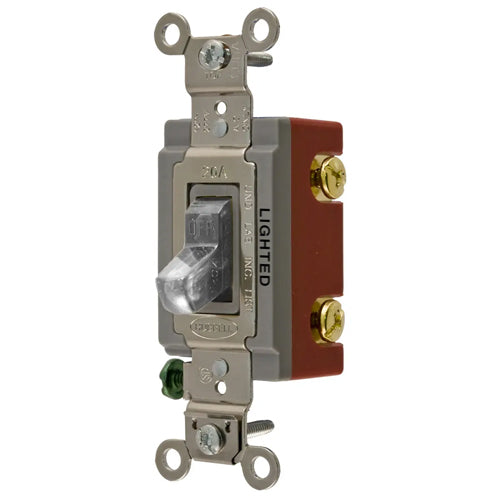 Hubbell HBL1221ILC, Extra Heavy Duty Industrial Grade, Illuminated Toggle Switch, Single Pole, 20A 120/277V AC, Back and Side Wired, Clear
