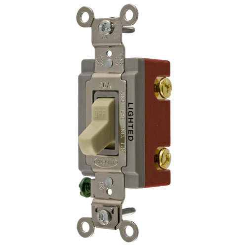 Hubbell HBL1221IL, Extra Heavy Duty Industrial Grade, Illuminated Toggle Switch, Single Pole, 20A 120/277V AC, Back and Side Wired, Ivory