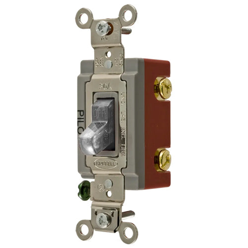 Hubbell HBL1221PLC, Industrial Grade, Pilot Light Toggle Switch, Single Pole, 20A 120/277V AC, Back and Side Wired, Clear