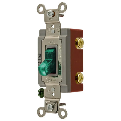 Hubbell HBL1221PLG, Industrial Grade, Pilot Light Toggle Switch, Single Pole, 20A 120/277V AC, Back and Side Wired, Green