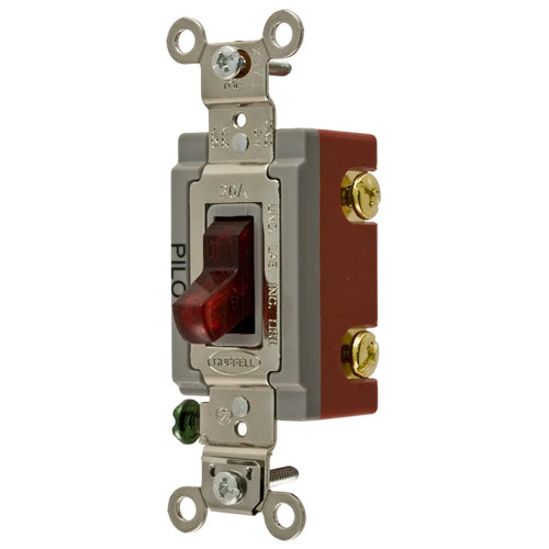 Hubbell HBL1221PL, Industrial Grade, Pilot Light Toggle Switch, Single Pole, 20A 120/277V AC, Back and Side Wired, Red