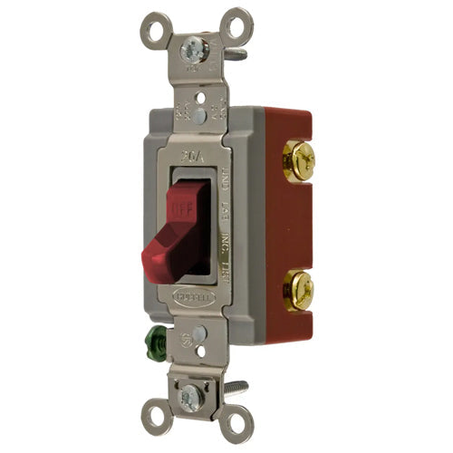 Hubbell HBL1221R, Extra Heavy Duty Industrial Series, Toggle Switch, Single Pole, 120/277V, Back and Side Wired, Red