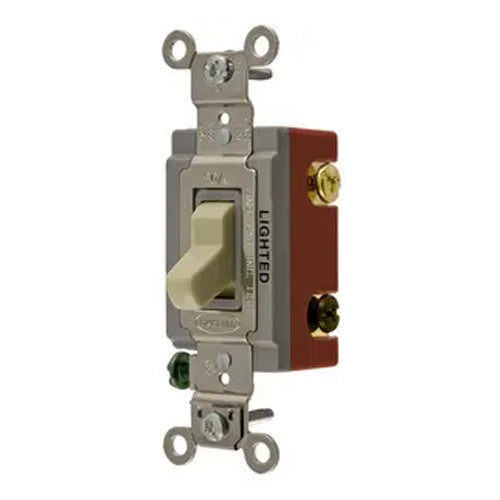 Hubbell HBL1223IL, Extra Heavy Duty Industrial Grade, Illuminated Toggle Switch, Three Way, 20A 120/277V AC, Back and Side Wired, Ivory