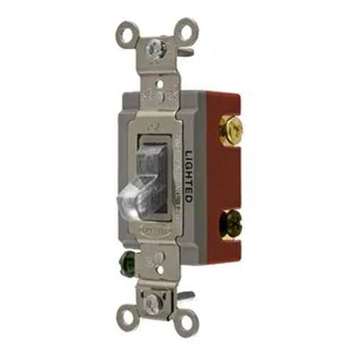 Hubbell HBL1223ILC, Extra Heavy Duty Industrial Grade, Illuminated Toggle Switch, Three Way, 20A 120/277V AC, Back and Side Wired, Clear