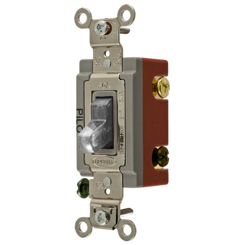 Hubbell HBL1223PLC, Industrial Grade, Pilot Light Toggle Switch, Three Way, 20A 120/277V AC, Back and Side Wired, Clear