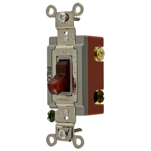 Hubbell HBL1223PL, Industrial Grade, Pilot Light Toggle Switch, Three Way, 20A 120/277V AC, Back and Side Wired, Red