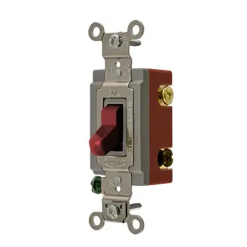 Hubbell HBL1223R, Extra Heavy Duty Industrial Series, Toggle Switch, Three Way, 20A 120/277V AC, Back and Side Wired, Red