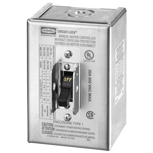 Hubbell HBL1372, Circuit-Lock Toggle Disconnect Switch, NEMA 1 Aluminum Enclosure, 30A 600V AC, 2-Pole, Back and Side Wired