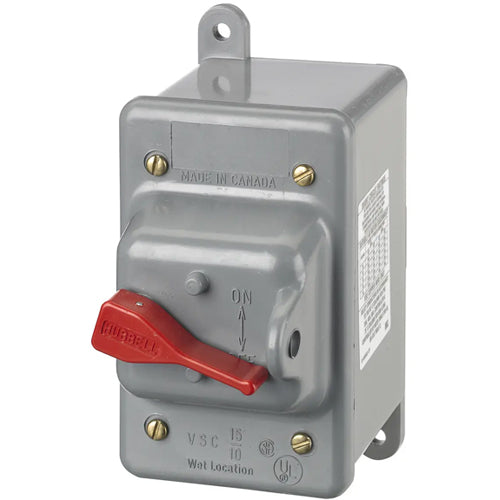 Hubbell HBL13R22, Circuit-Lock Red Handle Disconnect Switch, NEMA 3 and 3R Thermoplastic Enclosure, 30A 600V AC, 2-Pole, Back and Side Wired