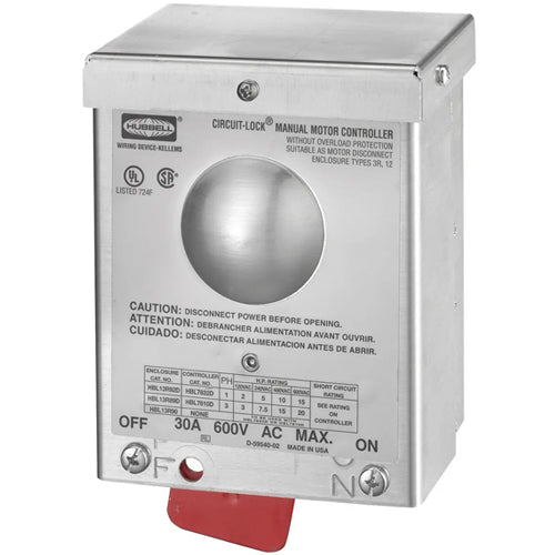 Hubbell HBL13R92, Circuit-Lock Red Slide Disconnect Switch, NEMA 3R Aluminum Enclosure, 30A 600V AC, 2-Pole, Back and Side Wired