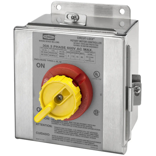 Hubbell HBL13S33D, Circuit-Lock Disconnect Switch with Rotary Controller, Stainless Steel NEMA 4X Enclosure, 30A 600V AC, 3-Pole, Back and Side Wired