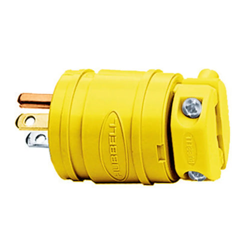 Hubbell HBL1447, Male Plug, Elastogrip, Dust Tight, Yellow Elastomer, IP20 Suitability, 15A 125V, 5-15P, 2-Pole 3-Wire Grounding