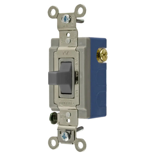 Hubbell HBL1556GY, Extra Heavy Duty Industrial Series, Toggle Switch, Momentary Contact, Three Position, Two Circuit, Center OFF, Single Pole, 15A 120/277V AC,  Gray