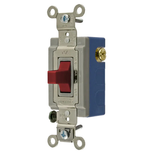 Hubbell HBL1556R, Extra Heavy Duty Industrial Series, Toggle Switch, Momentary Contact, Three Position, Two Circuit, Center OFF, Single Pole, 15A 120/277V AC, Red