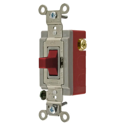 Hubbell HBL1557RLV, Heavy Duty Specification Grade Momentary Contact Toggle Switch, Double Throw, Single Pole, 5A 24V DC, Red