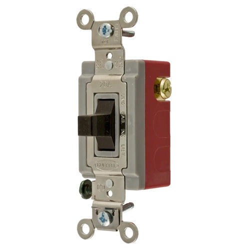 Hubbell HBL1557, Extra Heavy Duty Industrial Series, Toggle Switch, Momentary Contact, Three Position, Two Circuit, Center OFF, Single Pole, 20A 120/277V AC, Brown