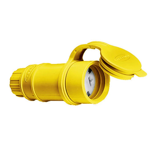 Hubbell HBL15W33, Female Connector Body, Elastogrip, Water Tight, IP20 and IP55 Suitability, 20A 125V, 5-20R, 2-Pole 3-Wire Grounding, Yellow Elastomer