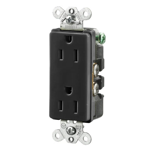 Hubbell HBL2152BK, Extra Heavy Duty Max Compact Duplex Receptacles, Style Line Decorator, Back and Side Wired, 15A 125V, 5-15R, 2-Pole 3-Wire Grounding, Black