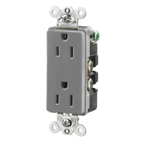 Hubbell HBL2152GY, Extra Heavy Duty Max Compact Duplex Receptacles, Style Line Decorator, Back and Side Wired, 15A 125V, 5-15R, 2-Pole 3-Wire Grounding, Gray