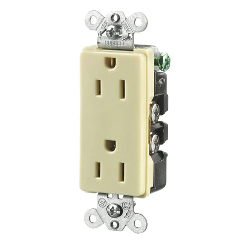 Hubbell HBL2152I, Extra Heavy Duty Max Compact Duplex Receptacles, Style Line Decorator, Back and Side Wired, 15A 125V, 5-15R, 2-Pole 3-Wire Grounding, Ivory