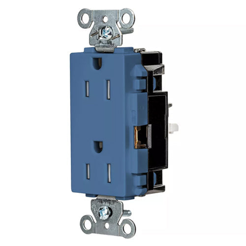 Hubbell HBL2152STBLTR, EdgeConnect Extra Heavy Duty Max Decorator Duplex Receptacles, Tamper Resistant, Screwless Terminal,  Back Wired, 15A 125V, 5-15R, 2-Pole 3-Wire Grounding, Blue