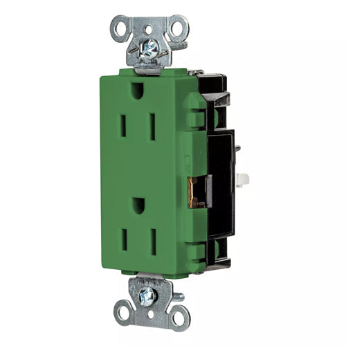 Hubbell HBL2152STGN, EdgeConnect Extra Heavy Duty Max Decorator Duplex Receptacles, Screwless Terminal,  Back Wired, 15A 125V, 5-15R, 2-Pole 3-Wire Grounding, Green