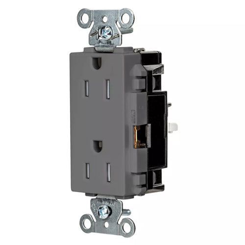 Hubbell HBL2152STGYTR, EdgeConnect Extra Heavy Duty Max Decorator Duplex Receptacles, Tamper Resistant, Screwless Terminal,  Back Wired, 15A 125V, 5-15R, 2-Pole 3-Wire Grounding, Gray