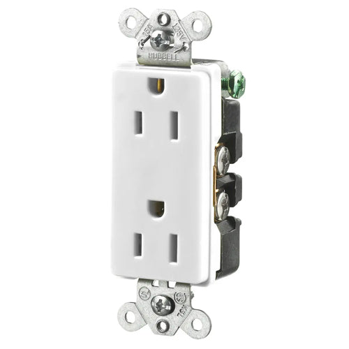 Hubbell HBL2152WA, Extra Heavy Duty Max Compact Duplex Receptacles, Style Line Decorator, Back and Side Wired, 15A 125V, 5-15R, 2-Pole 3-Wire Grounding, White