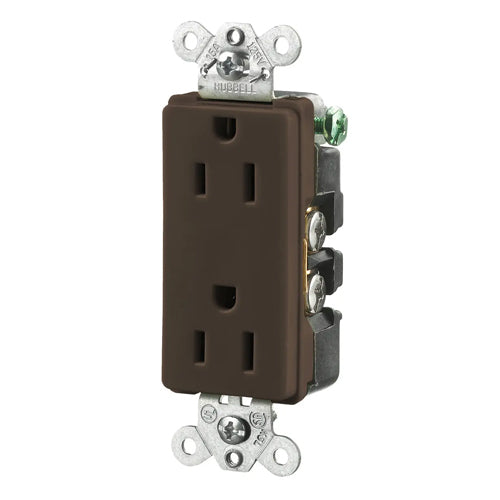 Hubbell HBL2152, Extra Heavy Duty Max Compact Duplex Receptacles, Style Line Decorator, Back and Side Wired, 15A 125V, 5-15R, 2-Pole 3-Wire Grounding, Brown