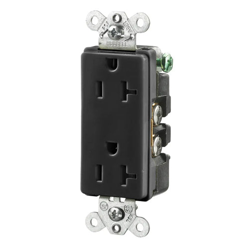 Hubbell HBL2162BK, Extra Heavy Duty Max Compact Duplex Receptacles, Style Line Decorator, Back and Side Wired, 20A 125V, 5-20R, 2-Pole 3-Wire Grounding, Black