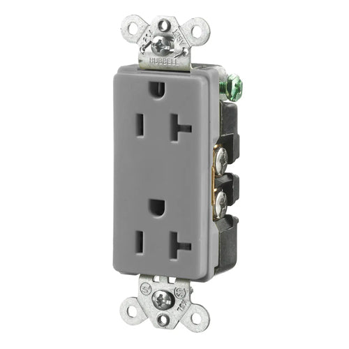 Hubbell HBL2162GY, Extra Heavy Duty Max Compact Duplex Receptacles, Style Line Decorator, Back and Side Wired, 20A 125V, 5-20R, 2-Pole 3-Wire Grounding, Gray