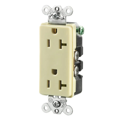 Hubbell HBL2162I, Extra Heavy Duty Max Compact Duplex Receptacles, Style Line Decorator, Back and Side Wired, 20A 125V, 5-20R, 2-Pole 3-Wire Grounding, Ivory