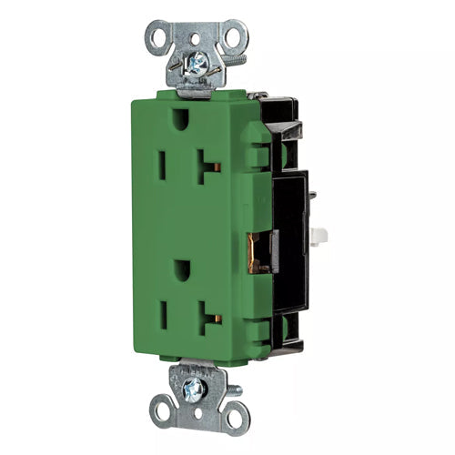 Hubbell HBL2162STGN, EdgeConnect Extra Heavy Duty Max Decorator Duplex Receptacles, Screwless Terminal, Back Wired, 20A 125V, 5-20R, 2-Pole 3-Wire Grounding, Green