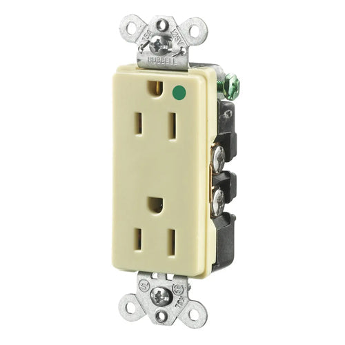 Hubbell HBL2172I, Extra Heavy Duty Max Receptacles, Style Line Decorator, Hospital Grade, Nylon Face, Back and Side Wired, 15A 125V, 5-15R, 2-Pole 3-Wire Grounding, Ivory