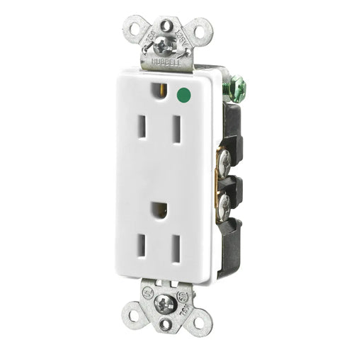 Hubbell HBL2172WA, Extra Heavy Duty Max Receptacles, Style Line Decorator, Hospital Grade, Nylon Face, Back and Side Wired, 15A 125V, 5-15R, 2-Pole 3-Wire Grounding, White