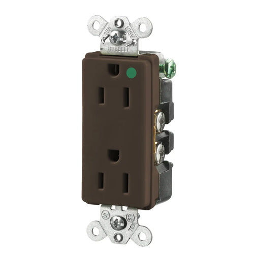 Hubbell HBL2172, Extra Heavy Duty Max Receptacles, Style Line Decorator, Hospital Grade, Nylon Face, Back and Side Wired, 15A 125V, 5-15R, 2-Pole 3-Wire Grounding, Brown