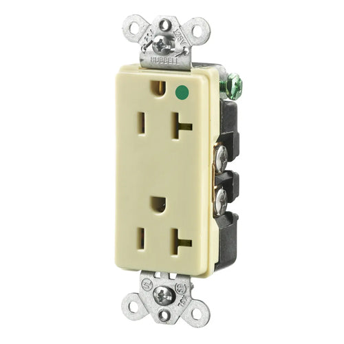 Hubbell HBL2182I, Extra Heavy Duty Max Receptacles, Style Line Decorator, Hospital Grade, Nylon Face, Back and Side Wired, 20A 125V, 5-20R, 2-Pole 3-Wire Grounding, Ivory